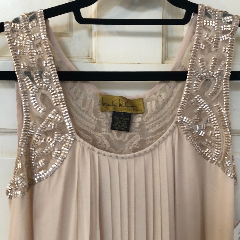 NWT Nicole Miller gold silk beaded dress - Picture 8 of 8